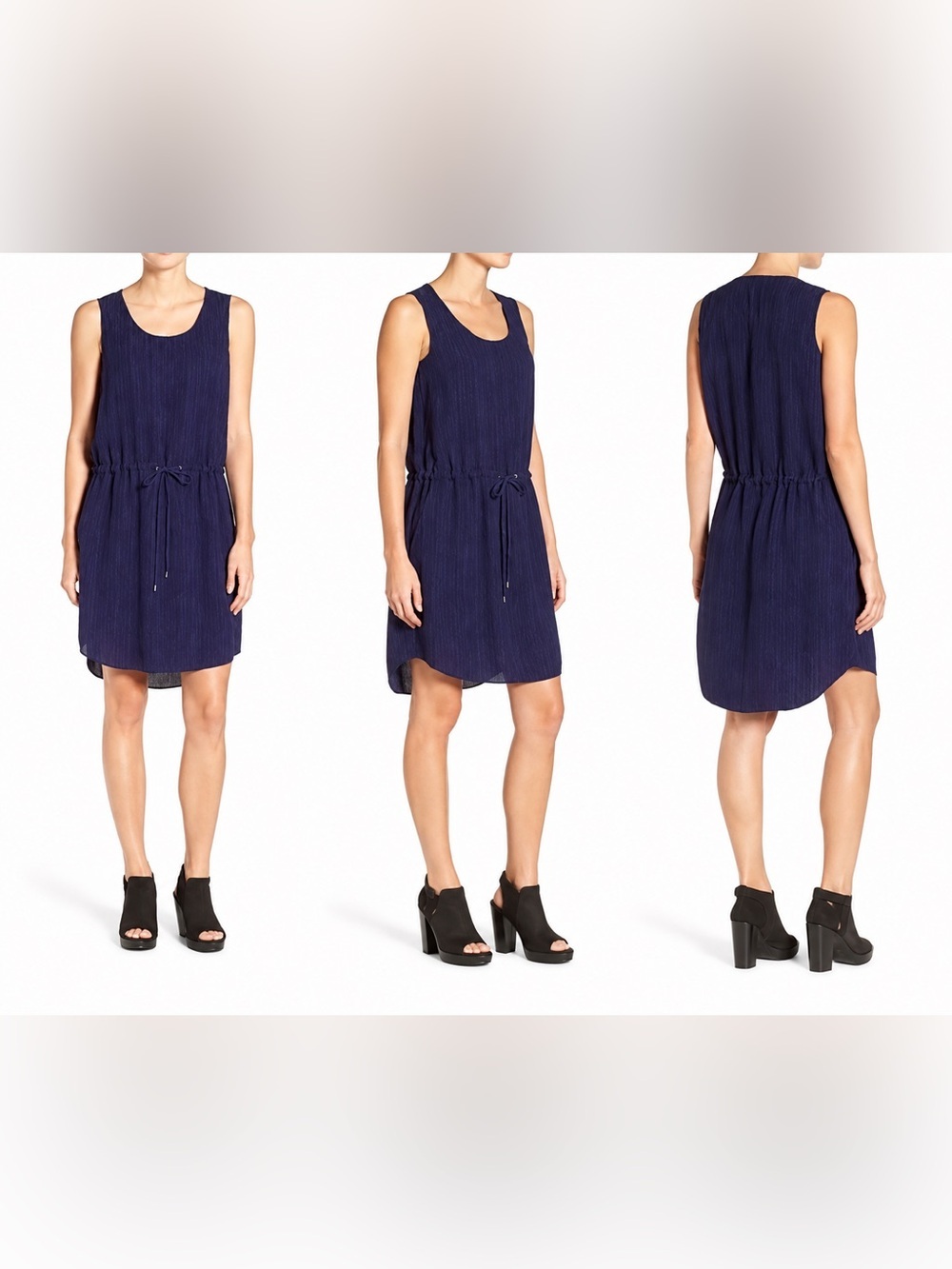 Eileen Fisher Shima Silk Sleeveless Drawstring Dress Dark Blue Black XS $298